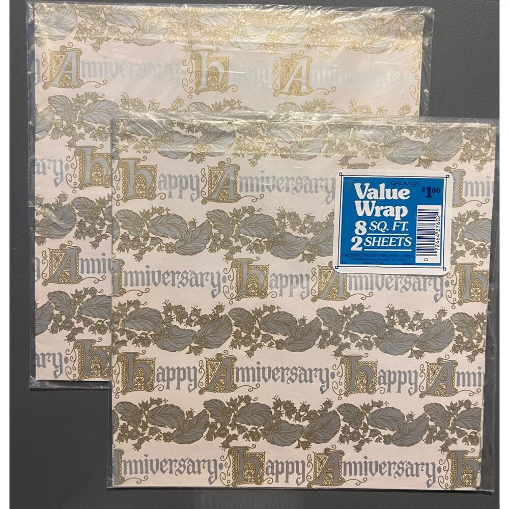Lot of 2 Vintage Sealed Galaxy Value Gift Wrap Happy Anniversary Gold‎ & Silver